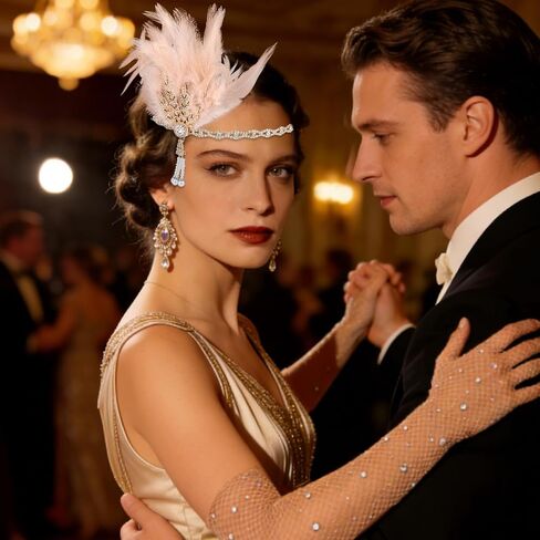 إكسسوارات أزياء العشرينيات من القرن العشرين، إكسسوارات زي غاتسبي العظيم، خوذة من العشرينيات من القرن الماضي مع عصابة رأس من الريش ومجموعة قفازات in Kuwait