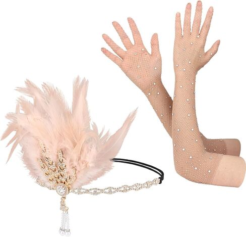 إكسسوارات أزياء العشرينيات من القرن العشرين، إكسسوارات زي غاتسبي العظيم، خوذة من العشرينيات من القرن الماضي مع عصابة رأس من الريش ومجموعة قفازات in Kuwait
