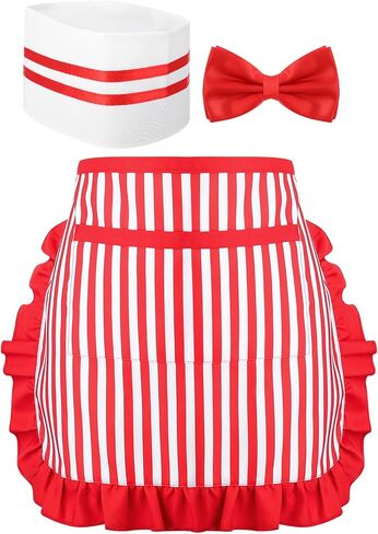 3 Pcs 1950s Waiter Costume Kit, Soda Jerk Costume, Red and White Striped Half Apron with 2 Pockets, Chef Hat, Red Bow Ties Adjustable for Women Circus Carnival Cosplay Party in Saudi Arabia