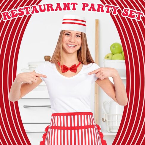 3 Pcs 1950s Waiter Costume Kit, Soda Jerk Costume, Red and White Striped Half Apron with 2 Pockets, Chef Hat, Red Bow Ties Adjustable for Women Circus Carnival Cosplay Party in Saudi Arabia