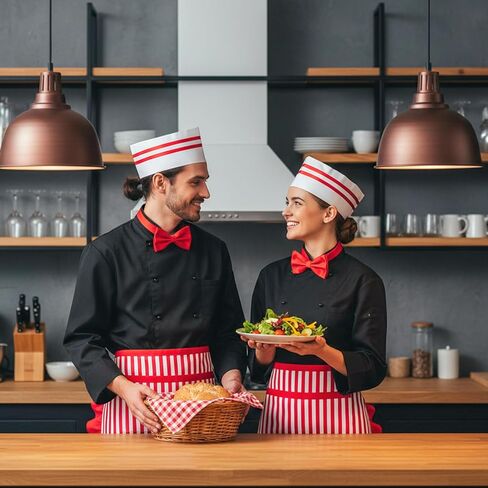 3 Pcs 1950s Waiter Costume Kit, Soda Jerk Costume, Red and White Striped Half Apron with 2 Pockets, Chef Hat, Red Bow Ties Adjustable for Women Circus Carnival Cosplay Party in Saudi Arabia