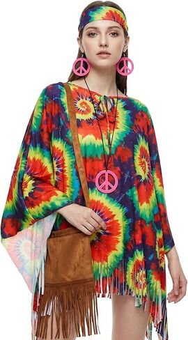 5Pcs Hippie Costume for Women, 70s 60s Outfits with Tie Dye Poncho– Retro Halloween Hippie Clothes for Women in Saudi Arabia