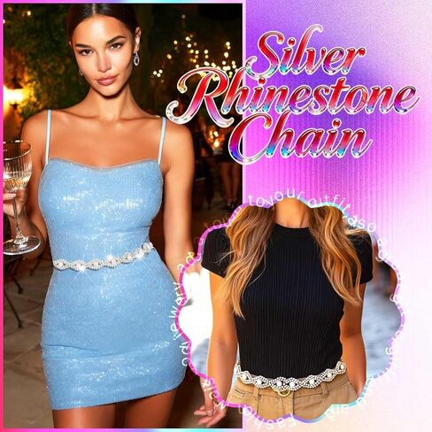 Silver Rhinestone Chain Belts Sparkly Diamond Dress Belt Fashion Bling Waist Accessories for Women in Saudi Arabia