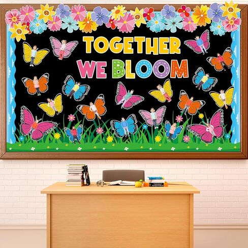 Spring Butterfly Bulletin Board Decoration Colorful Flower Cutouts Butterfly Classroom Decoration Floral DIY Photo Craft Together We Bloom Cutout for School Classroom Office Home Chalkboard Wall Decor in Saudi Arabia