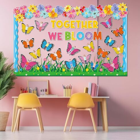 Spring Butterfly Bulletin Board Decoration Colorful Flower Cutouts Butterfly Classroom Decoration Floral DIY Photo Craft Together We Bloom Cutout for School Classroom Office Home Chalkboard Wall Decor in Saudi Arabia