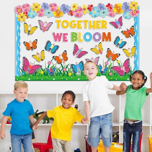 Spring Butterfly Bulletin Board Decoration Colorful Flower Cutouts Butterfly Classroom Decoration Floral DIY Photo Craft Together We Bloom Cutout for School Classroom Office Home Chalkboard Wall Decor in Saudi Arabia