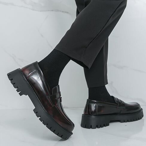 Men's Leather Platform Penny Loafers, Retro Round-Toe Lug Sole Non-Slip Slip-On Dress Shoes, Suitable for Business Work and Parties in Saudi Arabia