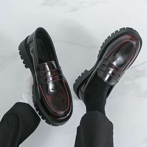 Men's Leather Platform Penny Loafers, Retro Round-Toe Lug Sole Non-Slip Slip-On Dress Shoes, Suitable for Business Work and Parties in Saudi Arabia