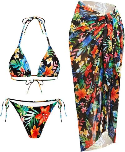 Women's 3 Piece Swimsuit - Sexy Triangle Halter Bikini Sets with Sarong Cover Up String Tie Side Bathing Suits 2026 in Saudi Arabia