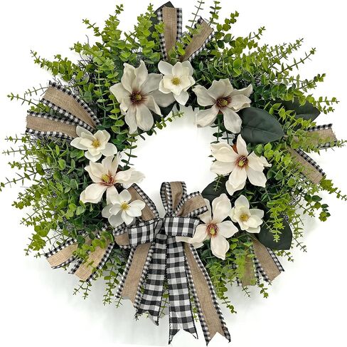24 Inch Artificial Magnolia Wreath for Front Door – Farmhouse Greenery Wreath with Buffalo Plaid Bow, Year-Round Rustic Home Wall Decor for Porch, Entryway, Living Room in Saudi Arabia