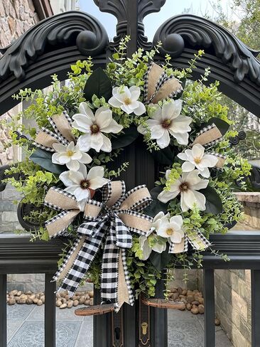 24 Inch Artificial Magnolia Wreath for Front Door – Farmhouse Greenery Wreath with Buffalo Plaid Bow, Year-Round Rustic Home Wall Decor for Porch, Entryway, Living Room in Saudi Arabia