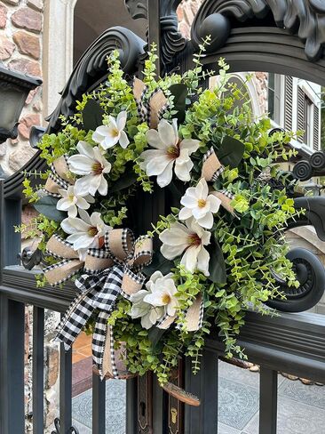 24 Inch Artificial Magnolia Wreath for Front Door – Farmhouse Greenery Wreath with Buffalo Plaid Bow, Year-Round Rustic Home Wall Decor for Porch, Entryway, Living Room in Saudi Arabia