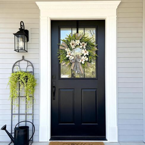 24 Inch Artificial Magnolia Wreath for Front Door – Farmhouse Greenery Wreath with Buffalo Plaid Bow, Year-Round Rustic Home Wall Decor for Porch, Entryway, Living Room in Saudi Arabia