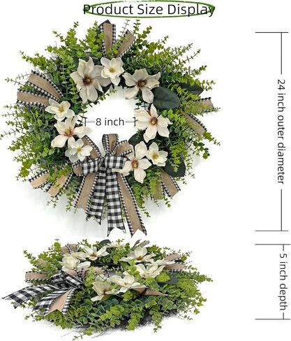 24 Inch Artificial Magnolia Wreath for Front Door – Farmhouse Greenery Wreath with Buffalo Plaid Bow, Year-Round Rustic Home Wall Decor for Porch, Entryway, Living Room in Saudi Arabia