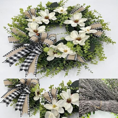 24 Inch Artificial Magnolia Wreath for Front Door – Farmhouse Greenery Wreath with Buffalo Plaid Bow, Year-Round Rustic Home Wall Decor for Porch, Entryway, Living Room in Saudi Arabia