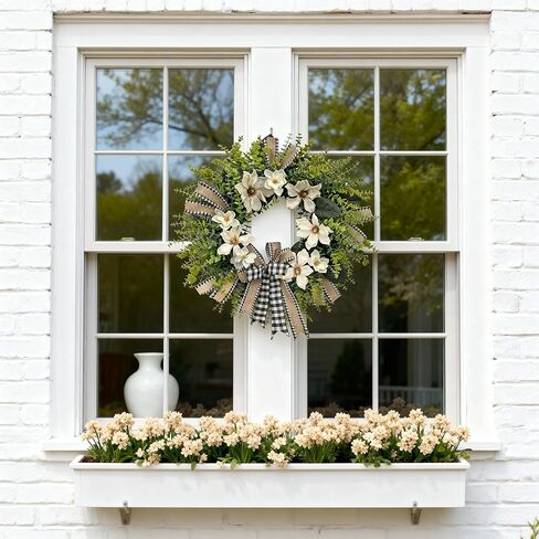 24 Inch Artificial Magnolia Wreath for Front Door – Farmhouse Greenery Wreath with Buffalo Plaid Bow, Year-Round Rustic Home Wall Decor for Porch, Entryway, Living Room in Saudi Arabia