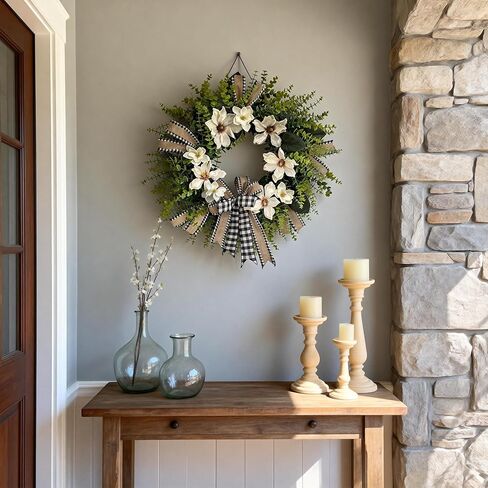 24 Inch Artificial Magnolia Wreath for Front Door – Farmhouse Greenery Wreath with Buffalo Plaid Bow, Year-Round Rustic Home Wall Decor for Porch, Entryway, Living Room in Saudi Arabia