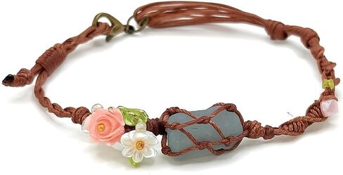 Handmade Boho Aquamarine Bracelet – March Birthstone Jewelry with Pink Rose & White Daisy, Adjustable Natural Gemstone Bracelet for Women, Floral Light Blue Crystal Bracelet Gift for Her in Saudi Arabia