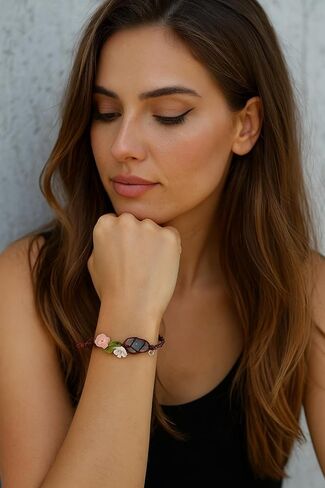 Handmade Boho Aquamarine Bracelet – March Birthstone Jewelry with Pink Rose & White Daisy, Adjustable Natural Gemstone Bracelet for Women, Floral Light Blue Crystal Bracelet Gift for Her in Saudi Arabia