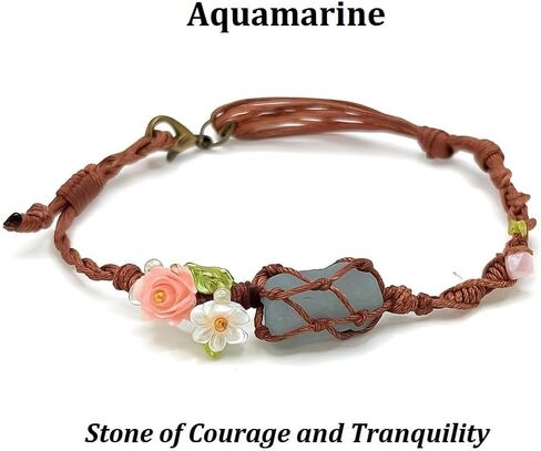Handmade Boho Aquamarine Bracelet – March Birthstone Jewelry with Pink Rose & White Daisy, Adjustable Natural Gemstone Bracelet for Women, Floral Light Blue Crystal Bracelet Gift for Her in Saudi Arabia