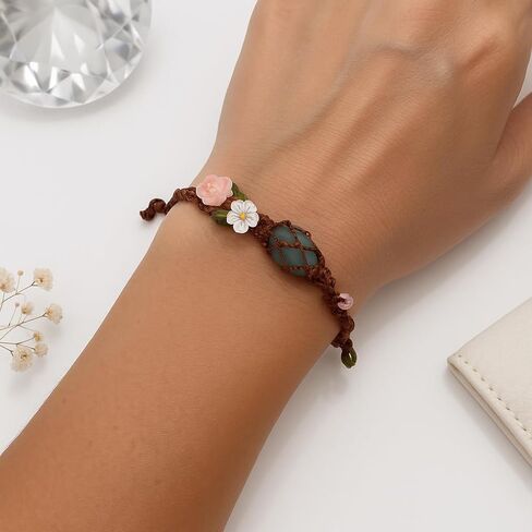 Handmade Boho Aquamarine Bracelet – March Birthstone Jewelry with Pink Rose & White Daisy, Adjustable Natural Gemstone Bracelet for Women, Floral Light Blue Crystal Bracelet Gift for Her in Saudi Arabia
