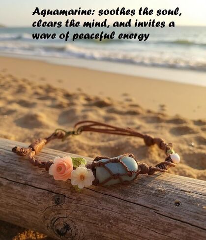 Handmade Boho Aquamarine Bracelet – March Birthstone Jewelry with Pink Rose & White Daisy, Adjustable Natural Gemstone Bracelet for Women, Floral Light Blue Crystal Bracelet Gift for Her in Saudi Arabia