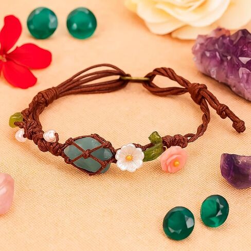Handmade Boho Aquamarine Bracelet – March Birthstone Jewelry with Pink Rose & White Daisy, Adjustable Natural Gemstone Bracelet for Women, Floral Light Blue Crystal Bracelet Gift for Her in Saudi Arabia