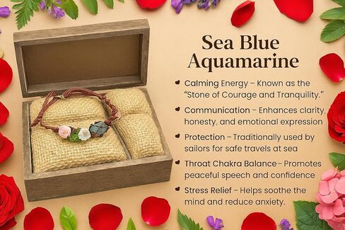 Handmade Boho Aquamarine Bracelet – March Birthstone Jewelry with Pink Rose & White Daisy, Adjustable Natural Gemstone Bracelet for Women, Floral Light Blue Crystal Bracelet Gift for Her in Saudi Arabia