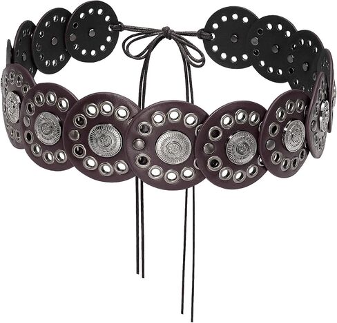 Women’s Western Disc Belt Hollow Boho Concho Leather Belt for Dresses Jeans Festival Outfits in Saudi Arabia