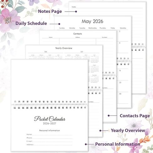 تقويم الجيب Phyxin 2026-2027، تقويم الجيب 2026 - يمتد من يناير 2026 حتى ديسمبر 2027، 2026-2027 مخطط شهري - 4.2 بوصة × 6.5 بوصة، مخطط جيب مع ملف للوازم المكتبية المدرسية، أرجواني in Kuwait