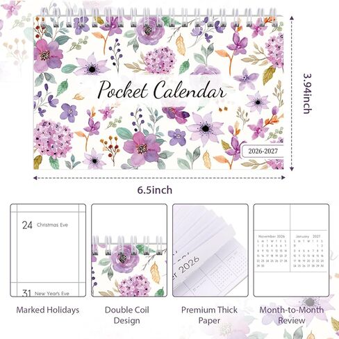 تقويم الجيب Phyxin 2026-2027، تقويم الجيب 2026 - يمتد من يناير 2026 حتى ديسمبر 2027، 2026-2027 مخطط شهري - 4.2 بوصة × 6.5 بوصة، مخطط جيب مع ملف للوازم المكتبية المدرسية، أرجواني in Kuwait