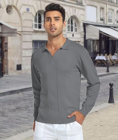 Mens Knit Polos Long Sleeve Casual Sweater Polos V Neck Collared Sweater Golf Polo Sweaters in Saudi Arabia