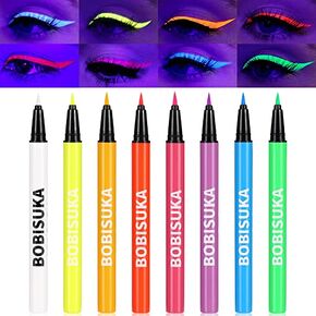BOBISUKA 8 Colors UV Glow Neon Liquid Eyeliner Set, Matte Colored Eyeliners Pen, Colorful Waterproof Smudge-proof Pigmented Graphic Liners, Delineadores de Colores Para Ojos Eye Makeup Gift Kit
