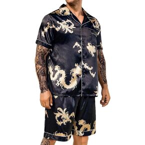 SOLY HUX Men's Silk Satin Dragon Print Pajamas Set Short Sleeve Button Down Shirt and Shorts Sleepwear