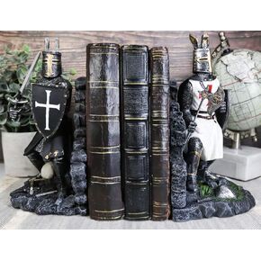 Ebros Black and White Medieval Crusader Knight Bookends Statue 7.5" Tall Set Suit of Armor Swordsman Knights of The Cross Age of Kings Decorative Bookends Sculpture