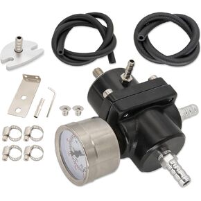 0-140 PSI Adjustable Universal Fuel Pressure Regulator, Aluminum Gas Oil Injection Pressure Regulator Kit with Gauge, AN6-6AN Fuel Line Hoses, Install Tool Accessories