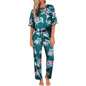 Ekouaer Loungewear for Women Satin Sleepwear Womens Short Sleeve Pajamas Silk Loungewear Two Piece Pjs Set Green Floral Pjs Bride Pajama Green Floral S