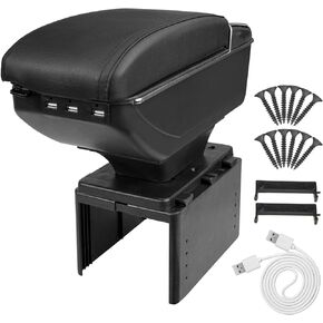 Htostar Racing Universal Car Armrest Box with Double Layer Storage, Black Leather and USB Charging Ports