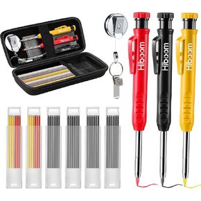 Hiboom Carpenter Pencils with Retractable Holder, Deep Hole Marker Construction Pencils with Built in Sharpener and Portable Pencil Bag, Heavy Duty Retractable Pull Pen Holder, Ideal for Carpenter