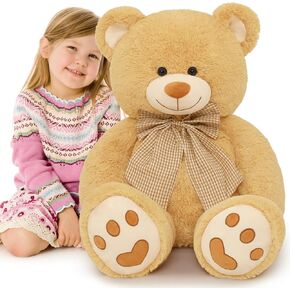 MorisMos Giant Teddy Bear Plush Toy 39“, Brown Big Bow Tie Bear Stuffed Animal Plush, Soft Bear Plush Gifts for Kids, Girlfriend Wife on Birthday, Valentines, Christmas, Baby Shower Decor, Tan