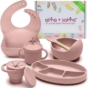 Silicone Baby Feeding Set, Baby Led Weaning Supplies, Suction Plate & Bowl, Spoon, Bib, Cup, Snack Cup, Baby Dishes (BLACK MARBLE)