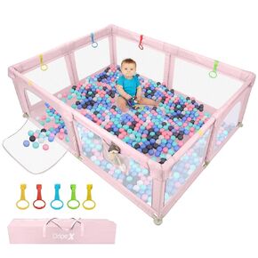 Dripex Baby Playpen, 50"x50" Play Pens for Babies and Toddlers, Safe Anti-Fall Play Yard, Visible Baby Play Pen with Gate, Baby Fence Play Area with Pull-up Ring, Washable Baby Play Yards, Soft Pink