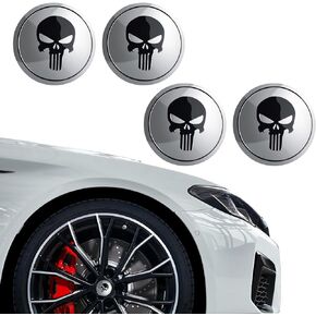 4 Pack Car Hub Cap Sticker, Personalized Tusked Skull Design, Flat Round Waterproof Metal Vehicle Sticker Accessories, Universal 2.2In Automotive Hub Decorative Decals (Black)