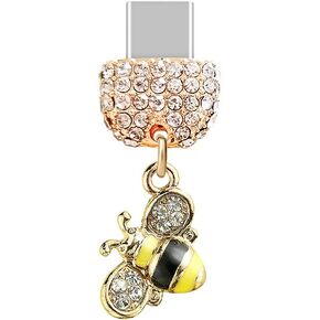 ELISE & FONDA TP72 Type-C USB Charging Port Crystal Anti Dust Plug Little Bee Cell Phone Charm for Samsung Galaxy/Huawei/OnePlus/Xiaomi/oppo New Android Phones(Yellow)