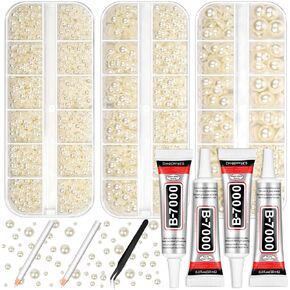 White Flatback Pearls with B7000 Glue Kit, Assorted Size 3/4/5/6/8/10mm Half Pearl Rhinestones, Small Flat Back Pearls Beads Gems for Crafts Clothing Shoes Face Makeup Nail Graduation Cap Decoration