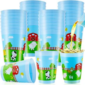 Tessco 24 Pieces Farm Animal Cup for Kids Farm Animals Plastic Cups Blue Animal Drinking Cups 16 oz Plastic Reusable Kids Race Cups for Farm Birthday Party Decorations Supplies