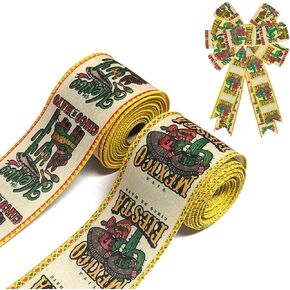 HIENAJ 2Rolls 2.5Inches 10Yards Mexican Cinco de Mayo Fiesta Ribbons Mexican Fabric Ribbons Mexican Flag Coat of Arms Ribbon Mexican Fiesta Gift Wrapping Outdoor Hanging Party Decoration