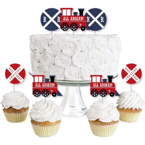 Big Dot of Happiness Railroad Party Crossing - Dessert Cupcake Toppers - Steam Train Birthday Party or Baby Shower Clear Treat Picks - Set of 24