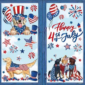 JarThenaAMCS 4 Sheet Happy 4th of July Window Clings American Patriotic Dog Star Firework Window Decals Double-Sided Independence Day Window Decor for Home School Office Decor