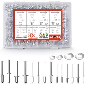 Canitu 890Pcs 18 Sizes Pop Rivets Assortment Kit,14 Sizes Aluminum Rivets 4 Sizes Stainless Steel Backup Washers Assorted Blind Rivets with Storage Case for Sheet Metal Automotive Railway (Silver)